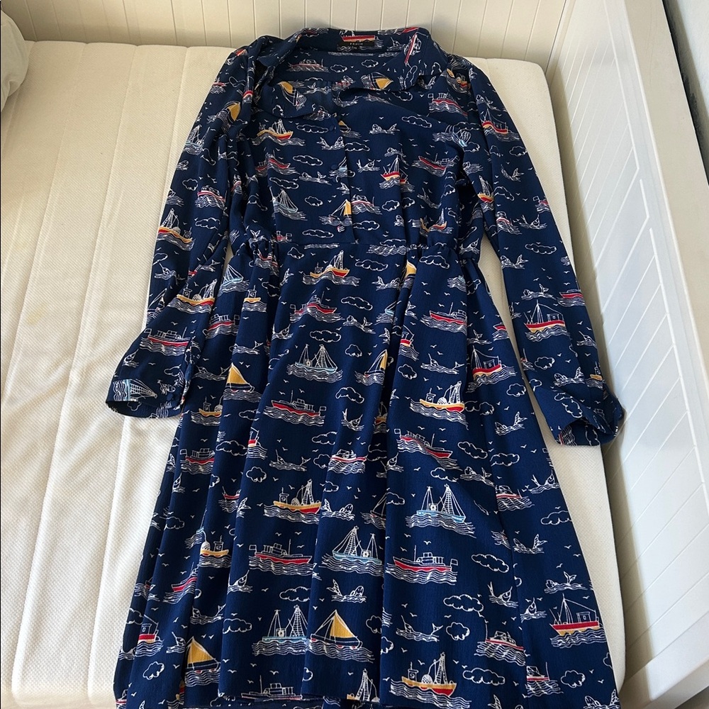 FRNCH blue nautical (boats, whales) long sleeve dress with pockets